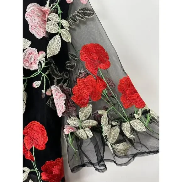 Beige by eci Black Embroidered Floral Blouse Sheer Bell Sleeve L Lined Party D31 - Picture 3 of 7